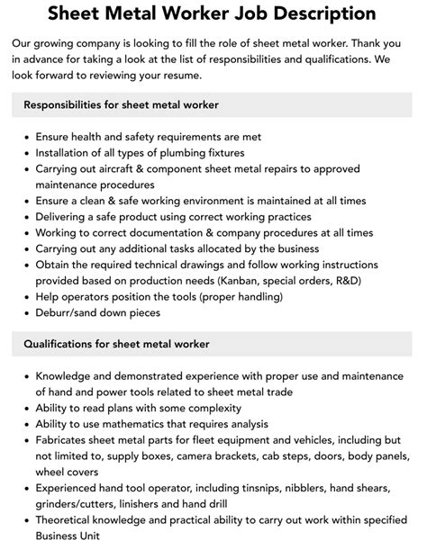 sheet metal laborer|sheet metal fabrication job duties.